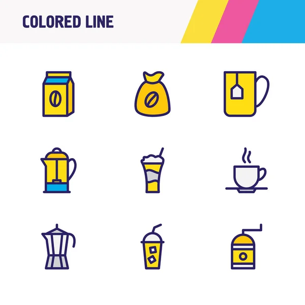 9 kávé ikonok színes vonal vektor illusztráció. Szerkeszthető készlet sack kávé, kávé pack, bögre kávét és egyéb ikon. — Stock Vector