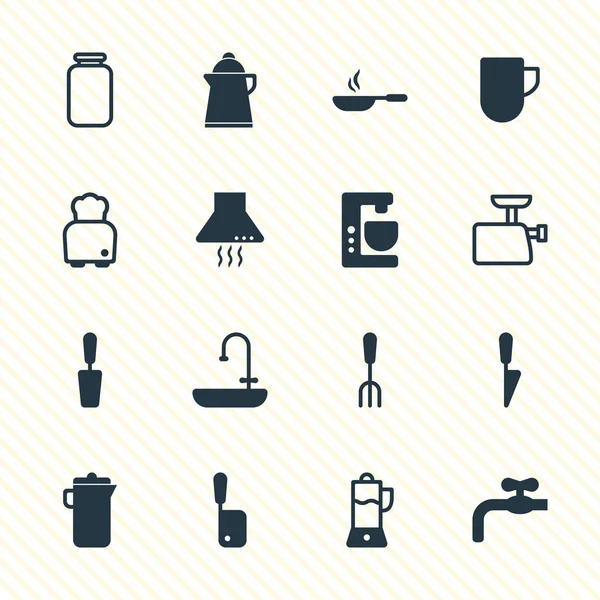 Illustrazione vettoriale di 16 icone di utensili da cucina. Set modificabile di tritacarne, mannaia, attrezzo da pranzo e altri elementi icona . — Vettoriale Stock
