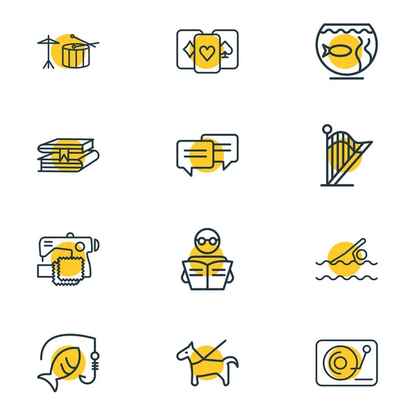 Illustrazione vettoriale di 12 icone hobby stile linea. Set modificabile di tamburi, pesca, arpa e altri elementi icona . — Vettoriale Stock