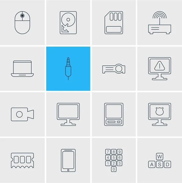 Vektorillustration av 16 notebook ikoner linjeformat. Redigerbara uppsättning modem, försiktighet, skyddad Pc och andra ikonen element. — Stock vektor