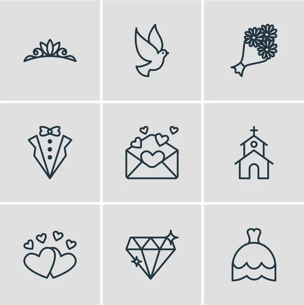 Ilustração vetorial de 9 ícones de casamento estilo linha. Conjunto editável de pomba, terno de noivo, igreja e outros elementos de ícone . — Vetor de Stock