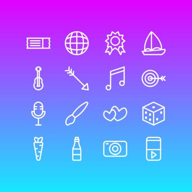 16 boş zaman simgeleri çizgi stili Illustration. Havuç, tekne, hedef ve diğer simge öğeleri düzenlenebilir kümesi.