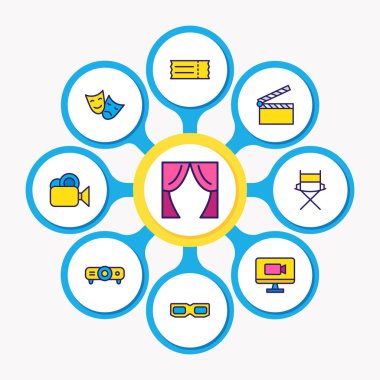 9 film ikonunun renkli çizgisi. Düzenlenebilir bilet, projektör, çevrimiçi film ve diğer simge ögeleri kümesi.