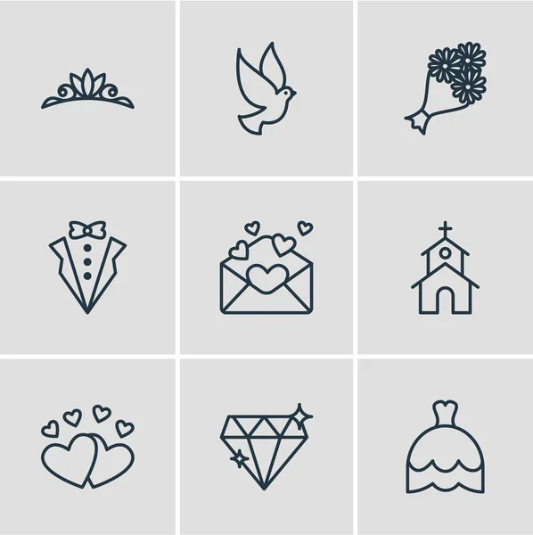 Ilustración de 9 iconos de matrimonio estilo de línea. Conjunto editable de paloma, traje de novio, iglesia y otros elementos del icono . — Foto de Stock