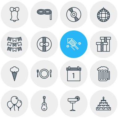 16 ziyafet simgeler çizgi stili vektör Illustration. Cd, sorbe, balon ve diğer simge öğeleri düzenlenebilir kümesi.