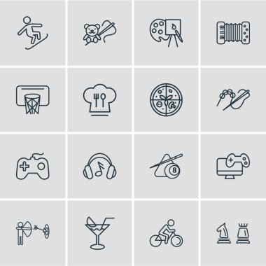 Vector illustration of 16 hobby icons line style. Editable set of basketball, billiard, accordion and other icon elements.
