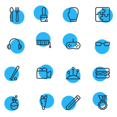 16 yaşam tarzı simgeleri çizgi stili vektör Illustration. Ödülü, video cam, kurşun kalem ve diğer simge öğeleri düzenlenebilir kümesi.