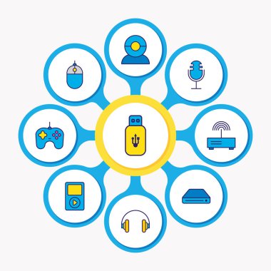 9 gadget simgeler renkli çizgi vektör Illustration. Fare, sabit disk, web cam ve diğer simge öğeleri düzenlenebilir kümesi.