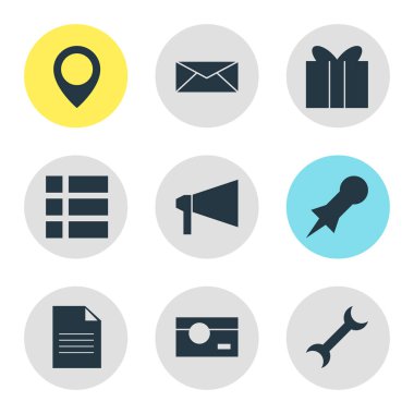 9 online simgeler vektör Illustration. Somun anahtarı, e-posta, görevler ve diğer simge öğeleri düzenlenebilir kümesi.
