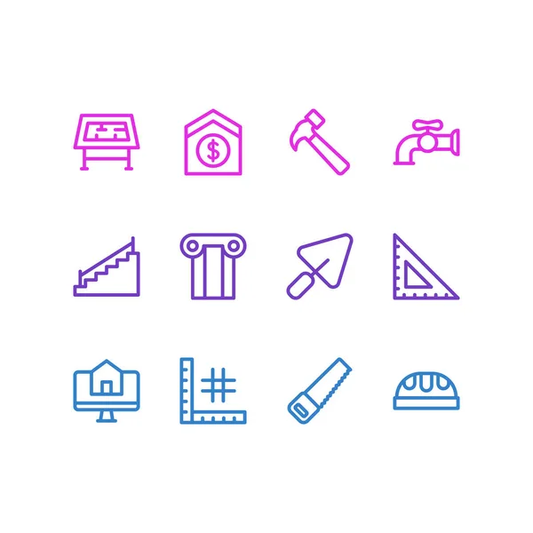 Ilustración vectorial de 12 iconos de la industria estilo de línea. Conjunto editable de sierra, comprar casa en línea, grúa de agua y otros elementos del icono . — Archivo Imágenes Vectoriales