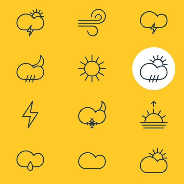 Ilustración vectorial de 12 iconos del cielo estilo de línea. Conjunto editable de luz solar, vendaval, gota de lluvia y otros elementos del icono . — Vector de stock