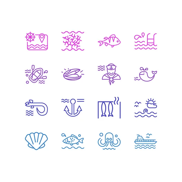 Ilustración vectorial de 16 iconos navales estilo línea. Conjunto editable de pescado ahumado, bote de goma, ballena y otros elementos icono . — Archivo Imágenes Vectoriales