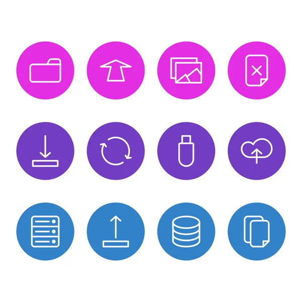 Ilustração vetorial de 12 ícones de armazenamento estilo de linha. Conjunto editável de nuvem, excluir arquivo, sincronização e outros elementos de ícone . — Vetor de Stock