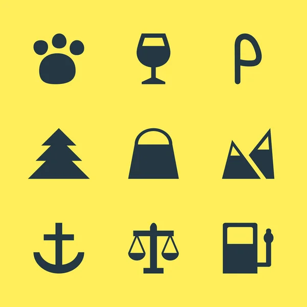 Vector illustration of 9 check-in icons. Editable set of gas station, harbor, law and other icon elements.