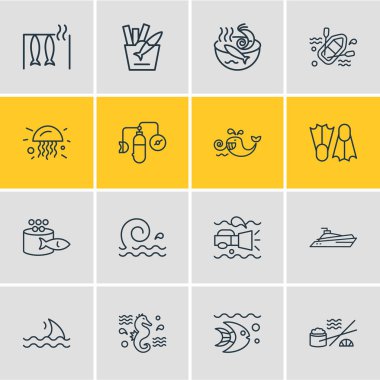 16 deniz simgeler çizgi stili Illustration. Palet, jöle balık, oksijen balonlar ve diğer simge öğeleri düzenlenebilir kümesi.