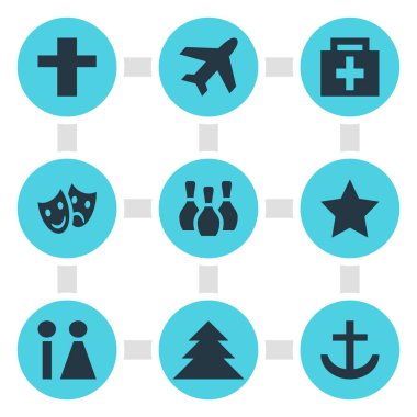 iade 9 simgeleri Illustration. Orman, eczane, uçak ve diğer simge öğeleri düzenlenebilir kümesi.