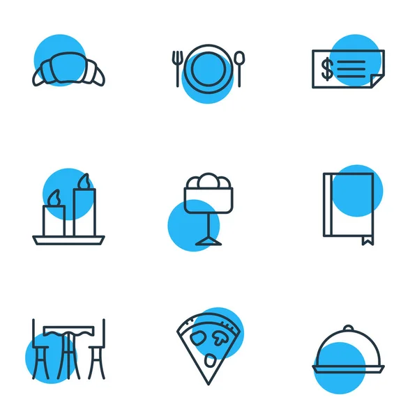 Ilustración de 9 iconos de comer estilo de línea. Conjunto editable de croissant, helado, restaurante y otros elementos del icono . —  Fotos de Stock