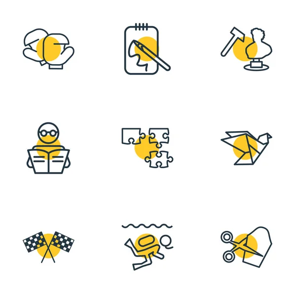 Ilustración de 9 actividades iconos estilo de línea. Conjunto editable de sastrería, rompecabezas, banderas de carreras y otros elementos del icono . —  Fotos de Stock