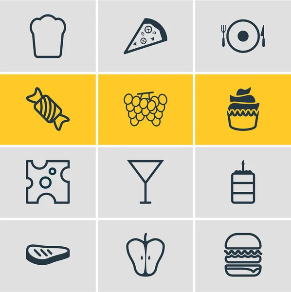 Ilustración de 12 iconos de comida estilo de línea. Conjunto editable de pastelitos, quesos, cócteles y otros elementos del icono . —  Fotos de Stock