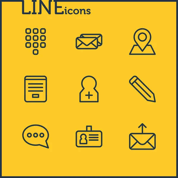 Ilustración de 9 iconos de la comunidad estilo de línea. Conjunto editable de formulario de contacto, cuenta de registro, epístola y otros elementos del icono . — Foto de Stock