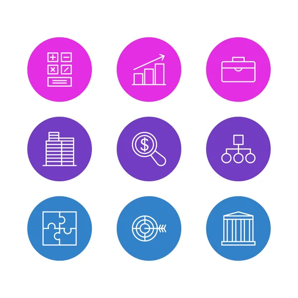 Ilustración de 9 iconos de negocios estilo de línea. Conjunto editable de calculadora, investigación, estructura y otros elementos del icono . —  Fotos de Stock