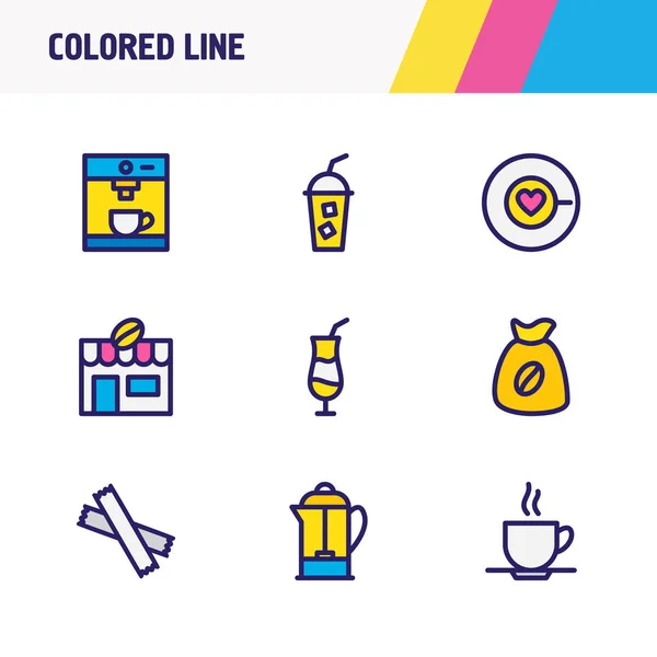 illustration of 9 drink icons colored line. Editable set of mocca, coffee house, sugar and other icon elements.