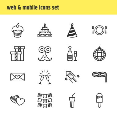 16 parti simgeler çizgi stili vektör Illustration. Doğum günü pastası, kalp, havai fişek ve diğer simge öğeleri düzenlenebilir kümesi.