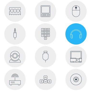 12 defter simgeler çizgi stili vektör Illustration. Modem, cihazlar, usb kablosu ve diğer simge öğeleri düzenlenebilir kümesi.