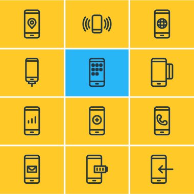 12 telefon simgeleri çizgi stili vektör Illustration. Ağ, pil, apps ve diğer simge öğeleri düzenlenebilir kümesi.