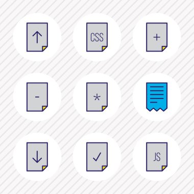 9 sayfa simgeleri renkli çizgi vektör Illustration. Dosya Ekle, indir, css ve diğer simge öğeleri düzenlenebilir kümesi.