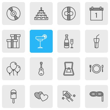 16 ziyafet simgeler çizgi stili vektör Illustration. Gitar, Alyans, cd ve diğer simge öğeleri düzenlenebilir kümesi.