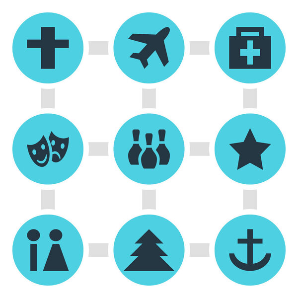 Vector illustration of 9 map icons. Editable set of forest, pharmacy, airplane and other icon elements.