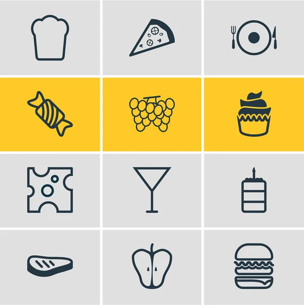 Векторная иллюстрация стиля линии 12 пищевых иконок. Столовый набор из торта, сыра, коктейля и других элементов иконы . — стоковый вектор