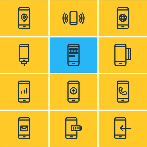 Vektorillustration av 12 telefon ikoner linjeformat. Redigerbara uppsättning nätverk, batteri, appar och andra ikonen element. — Stock vektor