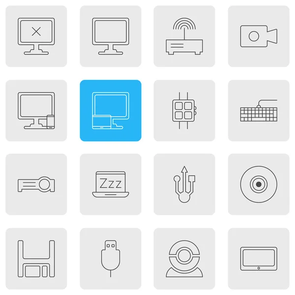 Vector illustration of 16 laptop icons line style. Editable set of phone with PC, smartwatch, universal serial bus and other icon elements. — Stock Vector