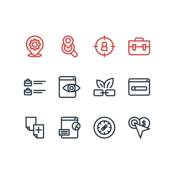 Ilustración vectorial de 12 iconos de publicidad estilo de línea. Conjunto editable de público objetivo, registro de dominio, visibilidad web y otros elementos de iconos . — Vector de stock