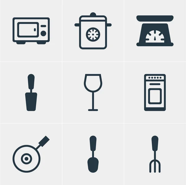 Ilustración vectorial de 9 iconos de utensilios de cocina. Conjunto editable de cuchara, estufa, escala de cocina y otros elementos del icono . — Archivo Imágenes Vectoriales