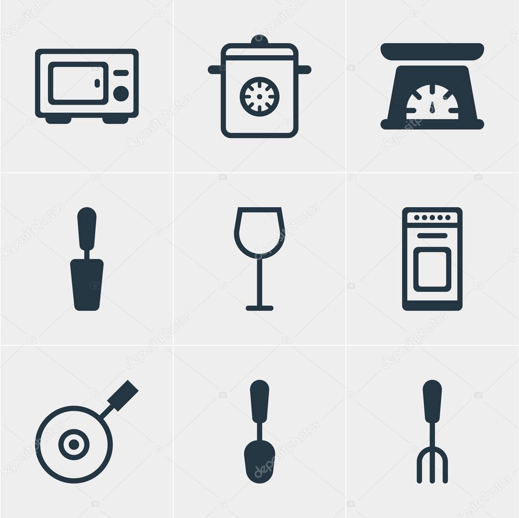 Vector illustration of 9 kitchenware icons. Editable set of spoon, stove, kitchen scale and other icon elements.