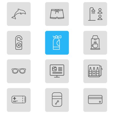 12 tatil simgeler çizgi stili Illustration. Kahve makinesi, online rezervasyon, uçak bileti ve diğer simge öğeleri düzenlenebilir kümesi.