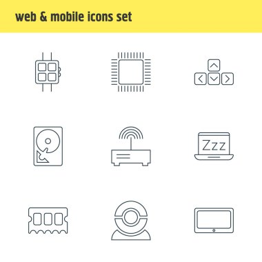 9 bilgisayar simgeleri çizgi stili Illustration. Klavye, hdd, cpu ve diğer simge öğeleri düzenlenebilir kümesi.