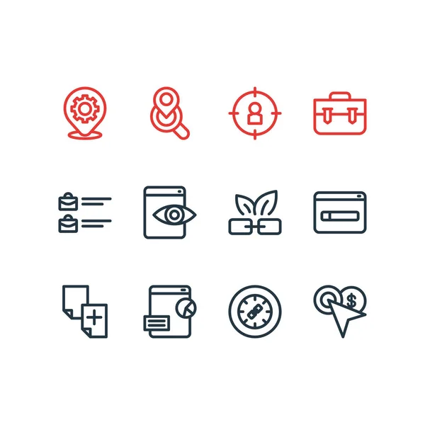 Ilustración de 12 iconos de publicidad estilo de línea. Conjunto editable de público objetivo, registro de dominio, visibilidad web y otros elementos de iconos . — Foto de Stock