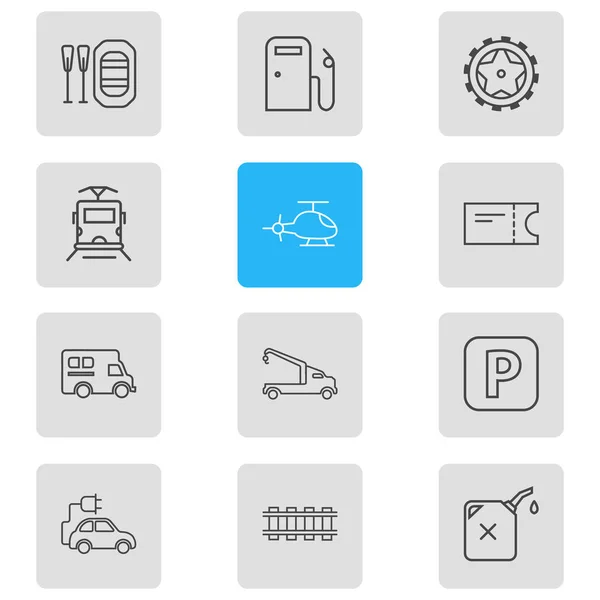 Иллюстрация стиля линии 12 иконок транспорта. Набор элементов эко-автомобиля, фургона, вертолета и других символов . — стоковое фото