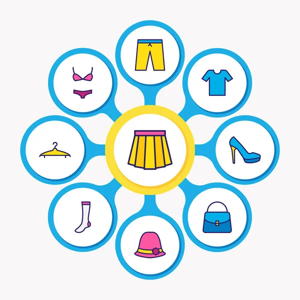 Иллюстрация 9 иконок платья цветной линии. Набор женских шляп, шорт, трусов и других иконических элементов . — стоковое фото