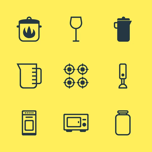 Ilustração de 9 ícones de cozinha. Conjunto editável de panela quente, fogão, liquidificador e outros elementos de ícone . — Fotografia de Stock