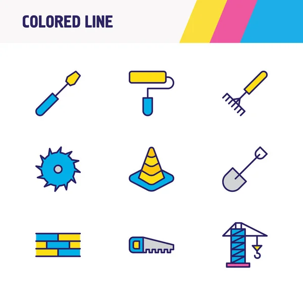 Illustration de 9 icônes de construction ligne colorée. Jeu modifiable de tournevis, scie, râteau et autres éléments d'icône . — Photo