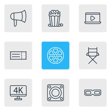 9 sinema simgeler çizgi stili vektör Illustration. 3d gözlük, megafon, Bilet ve diğer simge öğeleri düzenlenebilir kümesi.