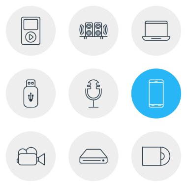 9 aksesuar simgeler çizgi stili vektör Illustration. Hoparlörler, cd-rom, video kamera ve diğer simge öğeleri düzenlenebilir kümesi.