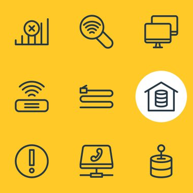 9 ağ kutsal kişilerin resmi çizgi stili vektör Illustration. İnceden inceye gözden geçirmek, kablo, VoIP ve diğer simge öğeleri düzenlenebilir kümesi.