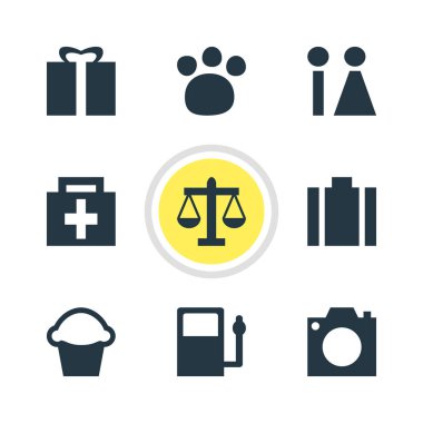 9 seyahat simgeler vektör Illustration. Portföy, tuvalet, Hayvanat Bahçesi ve diğer simge öğeleri düzenlenebilir kümesi.