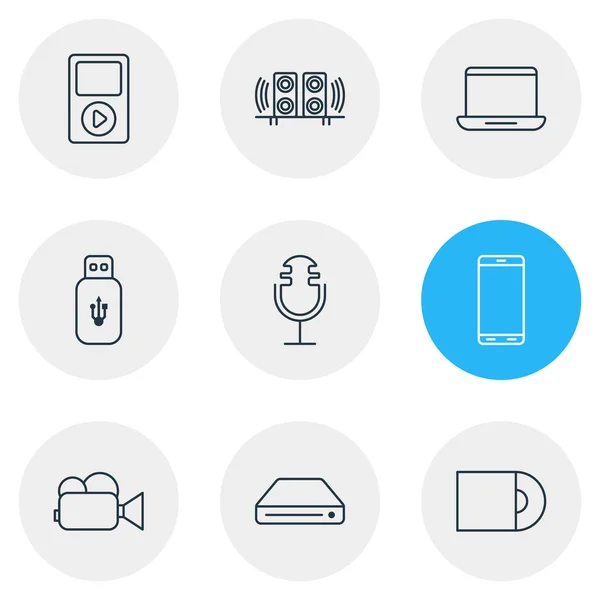 Illustration vectorielle de 9 icônes accessoires de style ligne. Ensemble modifiable de haut-parleurs, cd-rom, caméra vidéo et autres éléments d'icône . — Image vectorielle